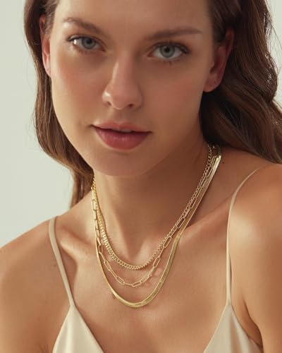 Gold Layered Necklaces for Women, 14K Gold Plated Dainty Gold Chain Choker Necklace Stack, Herringbone Gold Necklaces Set - color: gold-3-snake