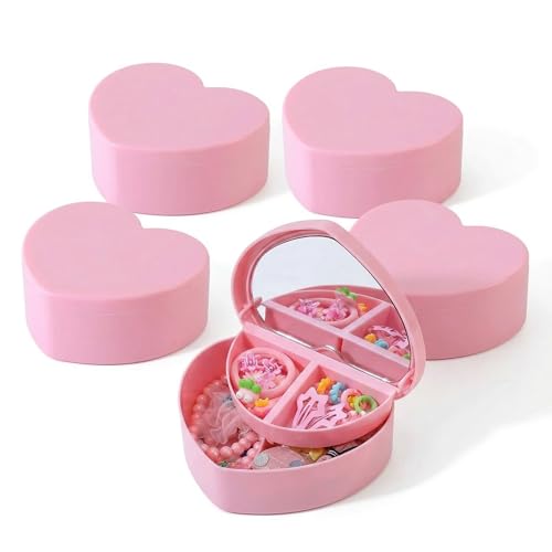 Cabilock 5 Pcs Heart Shaped Jewelry Box for Girls Women, Double Layer Small Jewelry Organizer with Mirror, Portable Travel Case for Earrings Necklaces