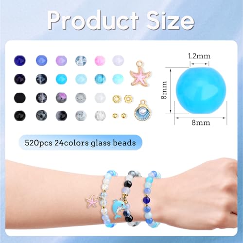 DUQGUHO 8mm Black Blue and White Beads for Bracelets Summer Beach Glass Beads for Jewelry Making 24 Grids Round Beads Bulk 520PCS - color: 12-Blue Black White