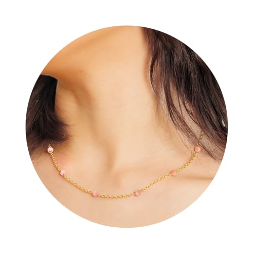 Dainty Gold Necklace for Women,Trendy 18k Gold Vermeil Sterling Silver Choker Necklace Thin Beaded Choker Necklaces Womens Simple Jewelry Gift for Valentines Day - color: October - Pink Opal