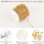 16 Ft Stainless Steel Paperclip Chain for Jewelry Making, 4.5mm Width Gold Plated Paper Clip Link Chains Roll for DIY Necklace Bracelet Jewelry Making Supplies with Lobster Clasps Soft Tape Measure - color: Paperclip 4.5mm Gold