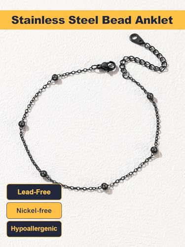 U7 Women Girls Barefoot Jewelry 18K Gold or Rose Gold Stainless Steel Heart/Rope/Figaro/Cuban Chain Anklet Foot Bracelet, 25-30 CM Long - color: Black-Bead Chain
