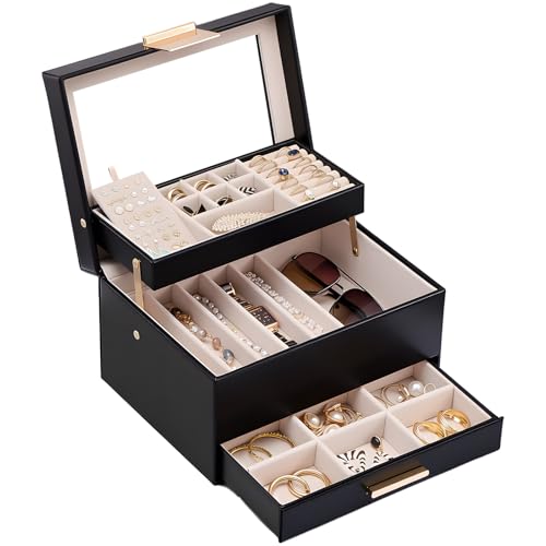 Lolalet Jewelry Box, Clear Window Jewelry Organizer with Drawer for Earrings Bracelets Necklaces Rings, Jewelry Storage for Women -Black, 3 Layers - color: Black, size: 3 Layers