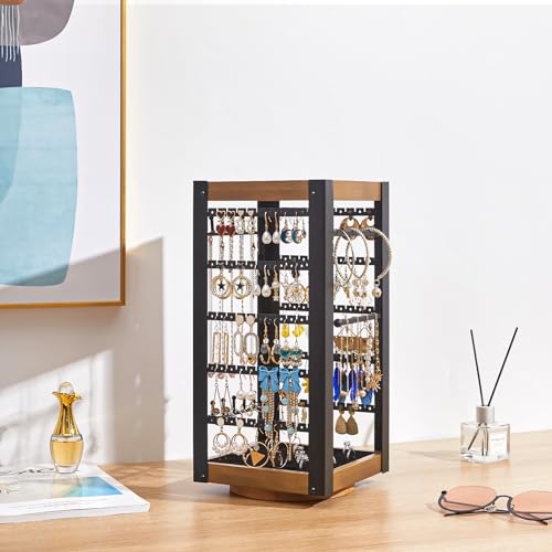 keomaisyto Rotating Earring Holder, Jewelry Holder Organizer with Ring Tray/Necklace/Bracelet Hooks, 360°Earring Organizer with Stable Bamboo Base for Jewelry Display (Patent Pending) - color: Black