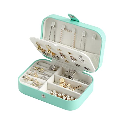 CASEGRACE Small Jewelry Box For Women Travel Jewelry Organizer Double Layer for Necklace Earring Rings Jewelry Holder Case - color: Green, size: Leather