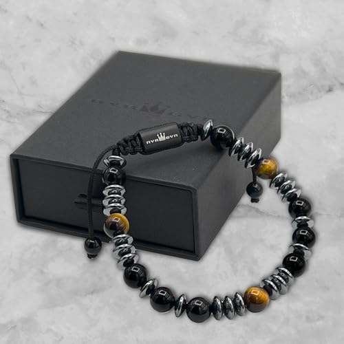 Mens Beaded Bracelet - Stone Jewelry, Black Onyx Hematite Bracelets, Mens Accessories, Adjustable - style: Night Hunter