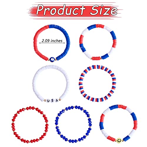 Ornaland 7Pcs Handmade Polymer Clay Heishi Surfer Stretch Bracelets Set Colorful Glass Beads Bracelets Boho Stackable Preppy Bracelets Wrist Jewelry for Women - color: blue 2
