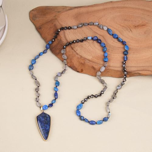 Long Necklaces for Women Boho, Oval Waterdrop Turquoise Pendant, Natural Stone Beaded, Handmade,Vintage & Elegance, Boho Fashion Charm Beaded Necklace for Women - style: C-Lapis Lazuli Pendant