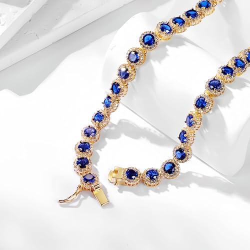 Gemsme 18K White Gold Plated Halo Necklace 5.0mm Round Cubic Zirconia Classic Tennis Necklace - color: Yellow Gold - Blue, size: 16 inch
