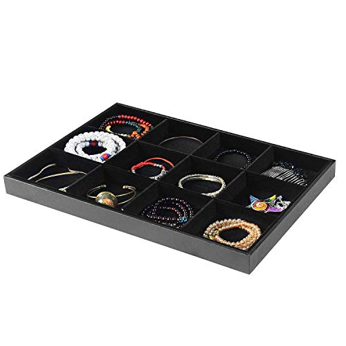 Black Velvet Stackable 12 Grid Jewelry Tray for Women Gemstone Pendant,Diamond,Showcase Display Organizer Holder Storage Modern Box Case Pad Stackers for Valet Closet,Decorate Vanity Table - color: Black 12 Grid