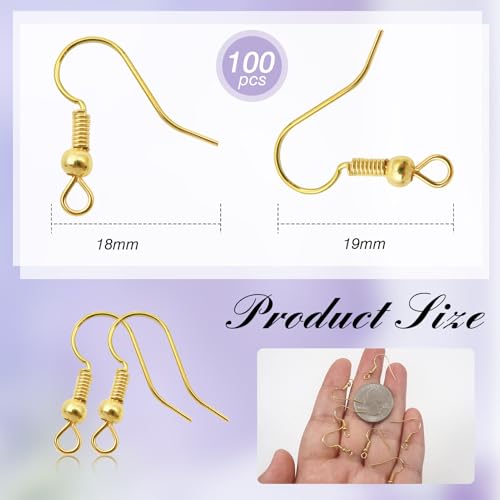 TOAOB 100pcs Earring Hooks Hypoallergenic French Ear Wires with Ball and Coil 18mm Gold Tone Fish Hook Earrings Making Supplies for DIY Jewelry Making - color: Gold
