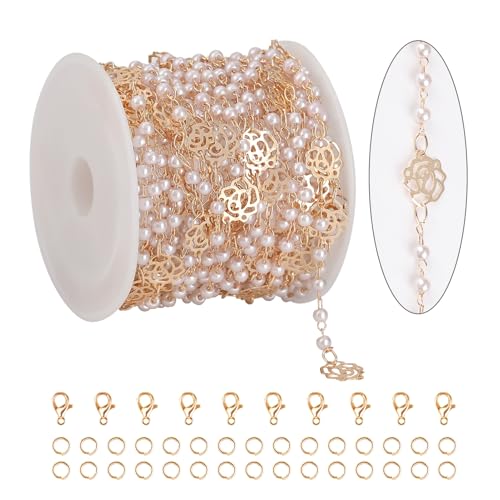 KYUNHOO 16.4 Feet 3MM Faux Pearl Bead Chain for Jewelry Making Rose Flower Link Brass Cable Chains Bulk with Clasps for Handcraft DIY Finding Supplies - color: Flower Pearl