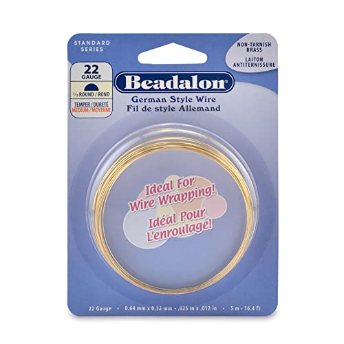 Beadalon German Style Wrapping Wire, Half Round, Tarnish Resistant Brass, 22 Gauge, 5 m / 16.4 ft - color: Gold, size: 22 gauge/.025 In-5 m/16.4 ft