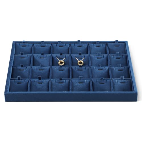 Velvet Necklace Display Tray, Stackable 24 Grid Insert Pendant Necklaces Storage Holder Plate, Jewelry Retail Countertop Organizer (Blue) - color: Blue, size: 24 Slot Necklace Tray