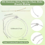 SUNNYCLUE 1 Box 16pcs Adjustable Slider Chain Links Paperclip Bracelet Chain 304 Stainless Steel Silver Gold Bracelet Charms Link with Lobster Clasp for Jewelry Making Bracelet Women Gifts DIY Crafts