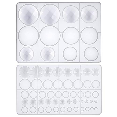 FUNSHOWCASE Cabochon Gem Resin Silicone Molds for Cake Decoration, Polymer Clay, UV Epoxy Urethane Polyresin Jewelry Making, Faceted and Round Domes Set of 2 Trays Circle Diameter 0.2-2.3inch - color: 62 Cavities 2 Designs Large Tray