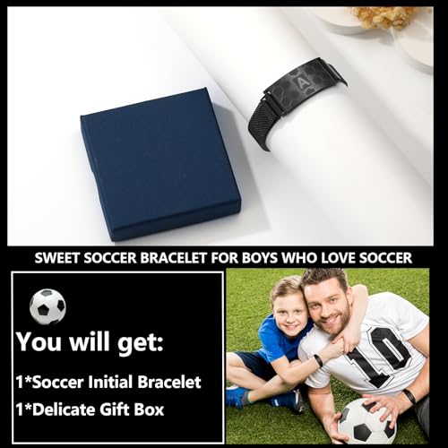 Fervia Graduation Gifts Soccer Initial Bracelet Stainless Steel A-Z Letter Charm Bracelets Adjustable Wristbands Soccer Gifts Idea for Players Team Lovers Men Boys Dad - color: Black, size: Initial H