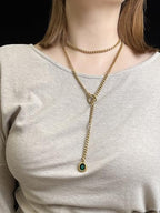 Heart Slip Chain Necklace for Women, 39 Inch Cuban Chain, Removable Heart O-Ring, Crystal Pendant, Adjustable Stainless Steel Y-Necklace - color: Gold-Green