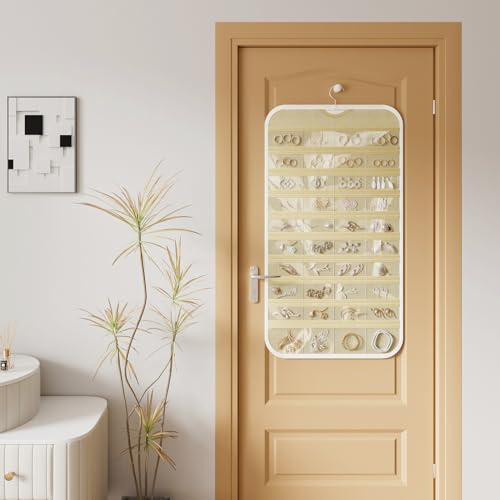 1 Pack Hanging Jewelry Organizer 80-Pocket Dual-sided Jewelry Storage for Earring Necklace Bracelet Ring Travel Holder, White and Beige - color: White and Beige