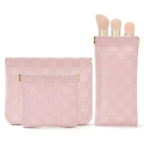 3PCS Small Makeup Bag for Purse，Waterproof Leather Portable Mini Makeup Bag,Snap Closure Organizer Pouch for Coin Cards Jewelry Lipstick Cosmetic Accessories，Small Travel Kit Storage Pouch - color: Pink