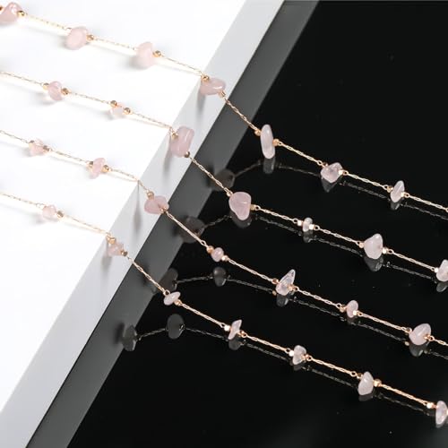 KYUNHOO 5 Meters Brass Jewelry Making Chains Light Pink Natural Gemstone Supplies Gold Plated Chain Bulk for DIY Jewelry Findings - color: Natural Stone-Light Pink