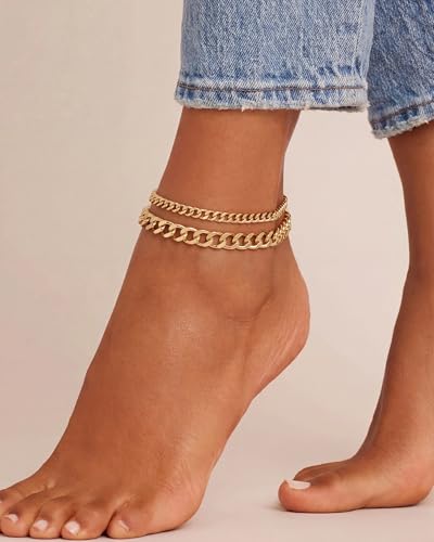Tewiky Waterproof Ankle Bracelets for Women,Chunky Layered Gold Anklet for Women Non Tarnish Adjustable Cuban Set Stackable Summer Beach Jewelry Gift - color: gold