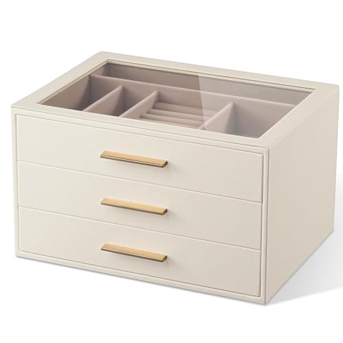 pickpiff Jewelry Box Organizer Case for Women: 3-Layer Jewelry Storage Case with Glass Window, Ivory Leather with Pink Velvet, Holder for Ring Necklace Bracelet Brooch Watch, Great Gift for Her - color: White, size: 3 layer