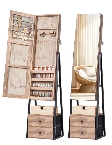 Nicetree Jewelry Cabinet Armoire with 2 Drawers,Standing Jewelry Mirror Cabinet, Full Length Mirror with Jewelry Storage, Lockable Jewelry Organizer with Mirror, Oak - color: Oak