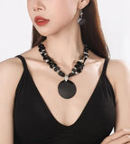 Layered Beads Statement Fashion Necklace Chunky Jewelry Set Big Colorful Glass Stone Circle Shell Pendant Choker Necklace and Earring Set for Women - color: black