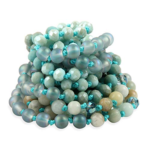 Bead Strand Versatile 60" Long Wrap Necklace - Handmade Knotted Multi Layer Sparkly Crystal, Semi Precious Natural Stone, Lava, Glass Faux Pearl - color: Natural Stone & Sparkly Bead Mix - Amazonite