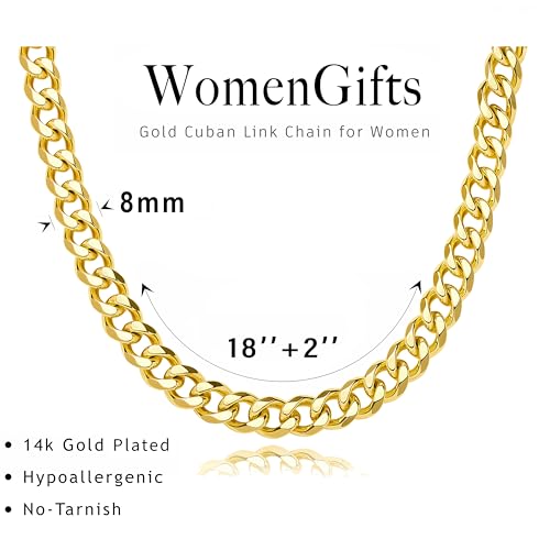 WomenGifts Cuban Link Chain Necklace for Women, Waterproof 14k Gold Silver Plated Chain Choker, Non Tarnish Stainless Steel Jewelry, 3.5/5/6/8/11mm,14/16/18 Inch Thin&Chunky&Thick - color: Gold, style: 8MM-18"