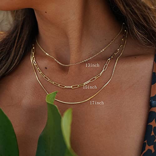Freekiss Women's Layered Necklace Set - 3 Piece Dainty Gold Jewelry for Everyday Stacking | 14K Gold Plated Snake Chain, Rope Chain, Cuban Chain | Adjustable Length 14-18.5 Inch | Gift Ready - color: Gold, style: Paperclip+O Chain+Box Chain