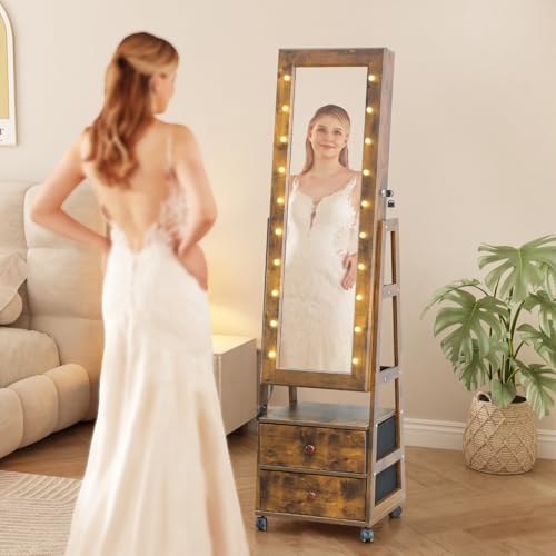 Jewelry Armoire Cabinet Organizer Standing with 20 LED Lights Lockable Full Length Mirror with Storage Shelves and 2 Drawers (Rustic Brown) Adjustable Tilt Angles Gift for Her - color: Rustic Brown, size: 63*16+LED Lights