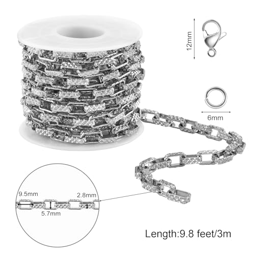 SMYHTGLIF 3 Meters Silver Stainless Steel Chain for Jewelry Making Embossed Chunky Box Chain Roll Craft Jewelry Supplies with Lobster Clasps and Jump Rings - color: Box Silver