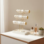 Pangkeep 3 Tier Bracelet Necklace Holder,Jewelry Displays for Vendors,T Bar Velvet Jewelry Stand with Tray,Jewerly Organizer for Bangles Necklace Scrunchie Watches Rings (Beige)