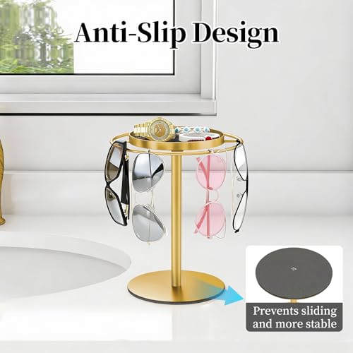 LSK Metal Sunglasses Organizer, Glasses Holder Stand with Storgae Tray, Eyeglasses Holder with Anti-Slip Pads for Tabletop, Desk, Dresser, Gold