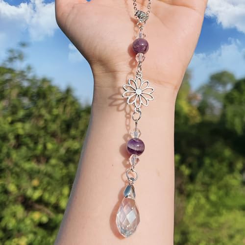 Car Rear View Mirror Accessories Dasiy Car Hanging Ornament, Amethyst Handmade Rearview Decor Charm Amethyst Purple Quartz Beaded Crystal Cute Boho Swinging Interior Decor for Women Men - color: Amethyst-daisy