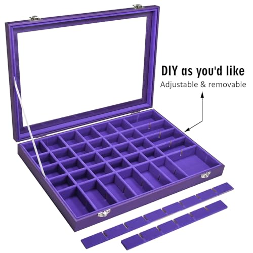Siveit Jewelry Tray Organizer Box 48 Grid Jewelry Display Organizer Box with Transparent Lid Rings Earrings Necklaces Pendants Display Box Suitable for Women and Girls (48 Grid, Purple) - color: Purple