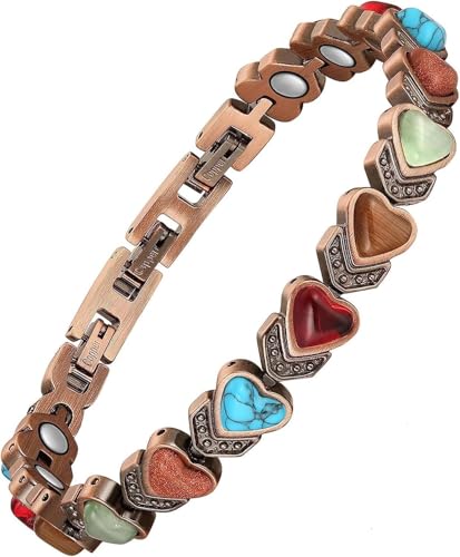99.99% Pure Copper Bracelets for Women, Heart Wire Design Adjustable Jewelry with 3800 Gauss Ultra Magnets and Sizing Tool, Elegant Gift Box and Sizing Tool - color: Colorful Heart