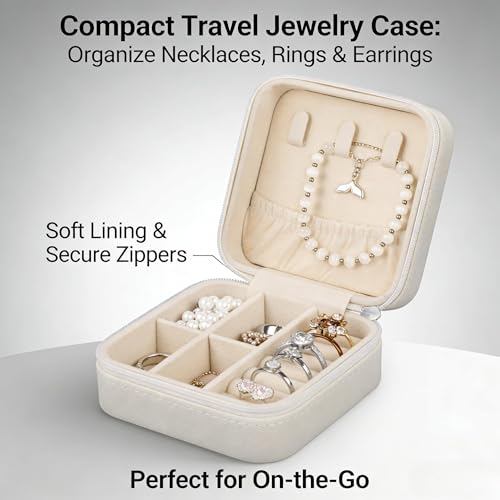 Small Travel Jewelry Box, PU Leather Portable Organizer with Compartments for Earrings, Rings, Necklaces, Mini Storage Case for Women and Girls, Bridesmaid Gift