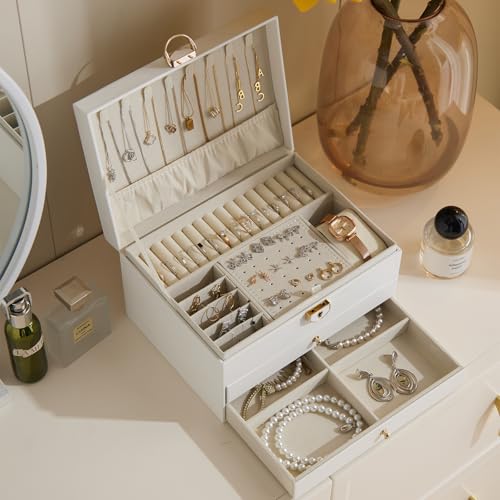 3 Layer Jewelry Box with Lock, Women Large Jewelry Holder Organizer with Drawer for Necklaces, Rings, Bracelets, Earrings, Watches, Valentines Gift for Mom Girl Wife(Creamy-white) - color: Creamy-white