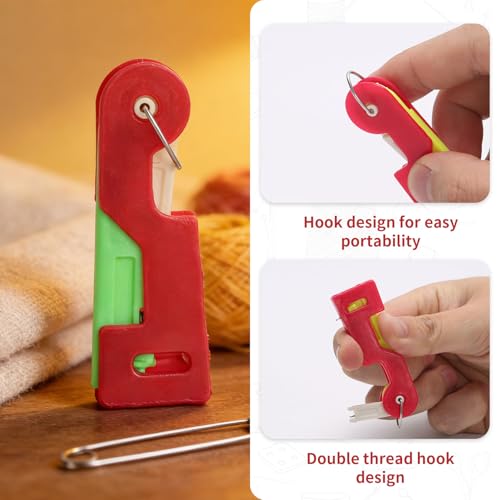 Automatic Needle Threader Tool, 4 Pack Plastic Threaders for Hand Sewing & DIY, Easy Threading Device for Small Needle Eyes, Compact 2.66×0.9×0.25 in, Mixed Red/Green/Yellow, Sewing Accessories