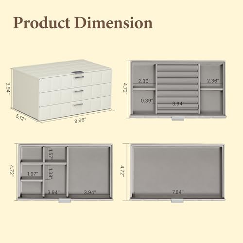 VUSIGN Jewelry Box for Women, 3 Layer Jewelry Organizer with Mirror, Jewelry Storage Case with Removable Pad, Customizable Jewelry Boxes for Rings Earrings Necklaces, White