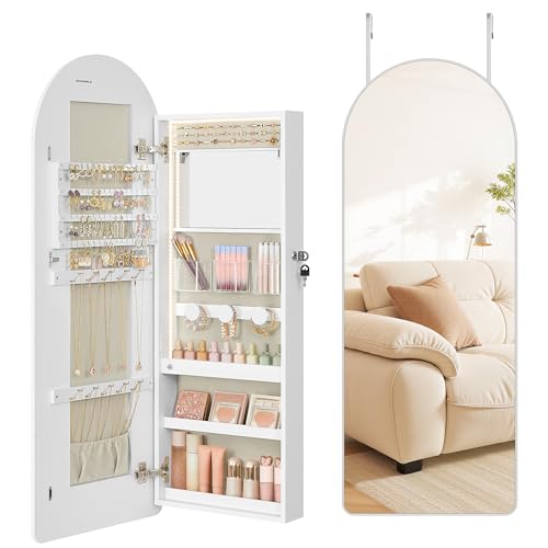 SONGMICS Wide Jewelry Organizer, LED Jewelry Cabinet Wall/Door Mounted, Arched Mirror with Storage, Lockable, Rounded Corner, Interior Mirror, 3.9 x 16.5 x 42.5 Inches, Cloud White UJJC020W01 - color: Cloud White, size: 3.9"D x 16.5"W x 42.5"H, style: Arc
