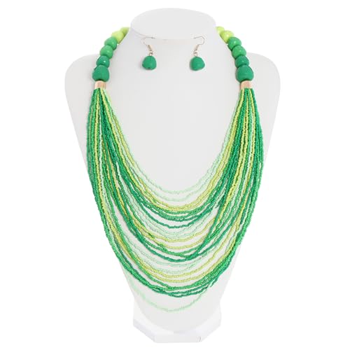 Bocar Necklace for Women, Multi Layer Statement Necklace, Long Chain Chunky Bib Seed Beads Necklace, Necklace Earring Set for Women Gift (NK-10693) - color: Mix green-set
