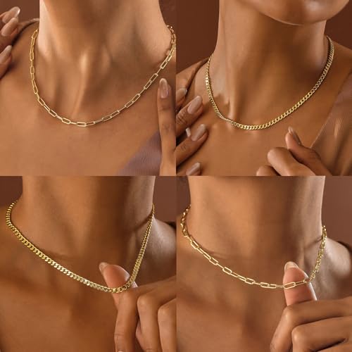 Gold Layered Necklaces for Women, 14K Gold Plated Dainty Gold Chain Choker Necklace Stack, Herringbone Gold Necklaces Set - color: gold-3-Figaro