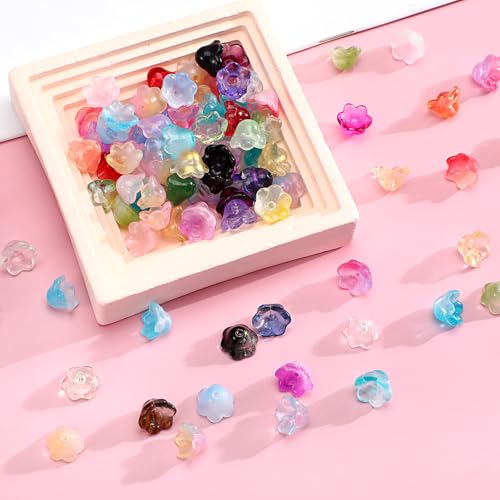 100PCS Glass Bellflower Beads, Colorful Trumpet Flower Beads for Jewelry Making, Cute Floral Beaded Charms for DIY Necklace, Earrings, Bracelets, Crafts (11mm)