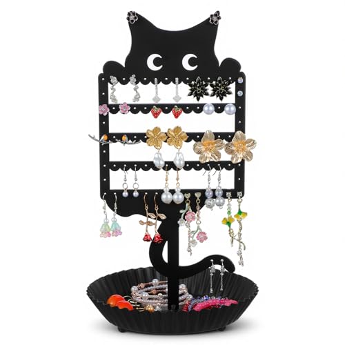 Cat Earring Holder Organizer Stand, Black Metal Jewelry Display Rack with Multiple Holes Hooks for Studs, Hoops, Necklaces, Bracelets, Rings, Cute Cat-Shaped Vanity Earring Tree for Girls