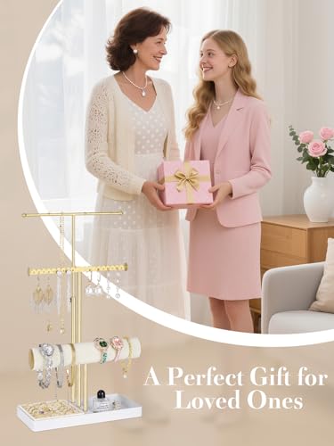 3-Tier Jewelry Stand Jewelry Organizer, Gold Necklace & Bracelet Organizer with Velvet Ring Tray, Sturdy Jewelry Holder for Earrings, Cute & Aesthetic Jewelry Display Tower – Gift for Women