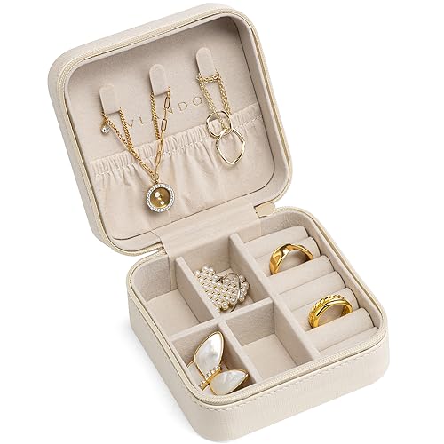 VLANDO Wedding Bridesmaid Gifts - Mothers Day Gifts - Small Jewelry Travel Organizer, Travel Jewelry Case for Ring, Earring, Necklace, Bracelet - Milky White - color: Beige, size: A. with Hook